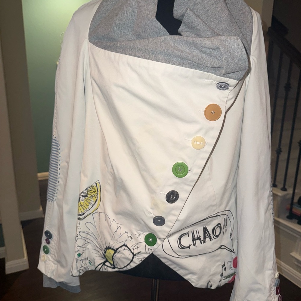 Desigual White Floral Print Women's Jacket with Asymmetrical Colorful Buttons